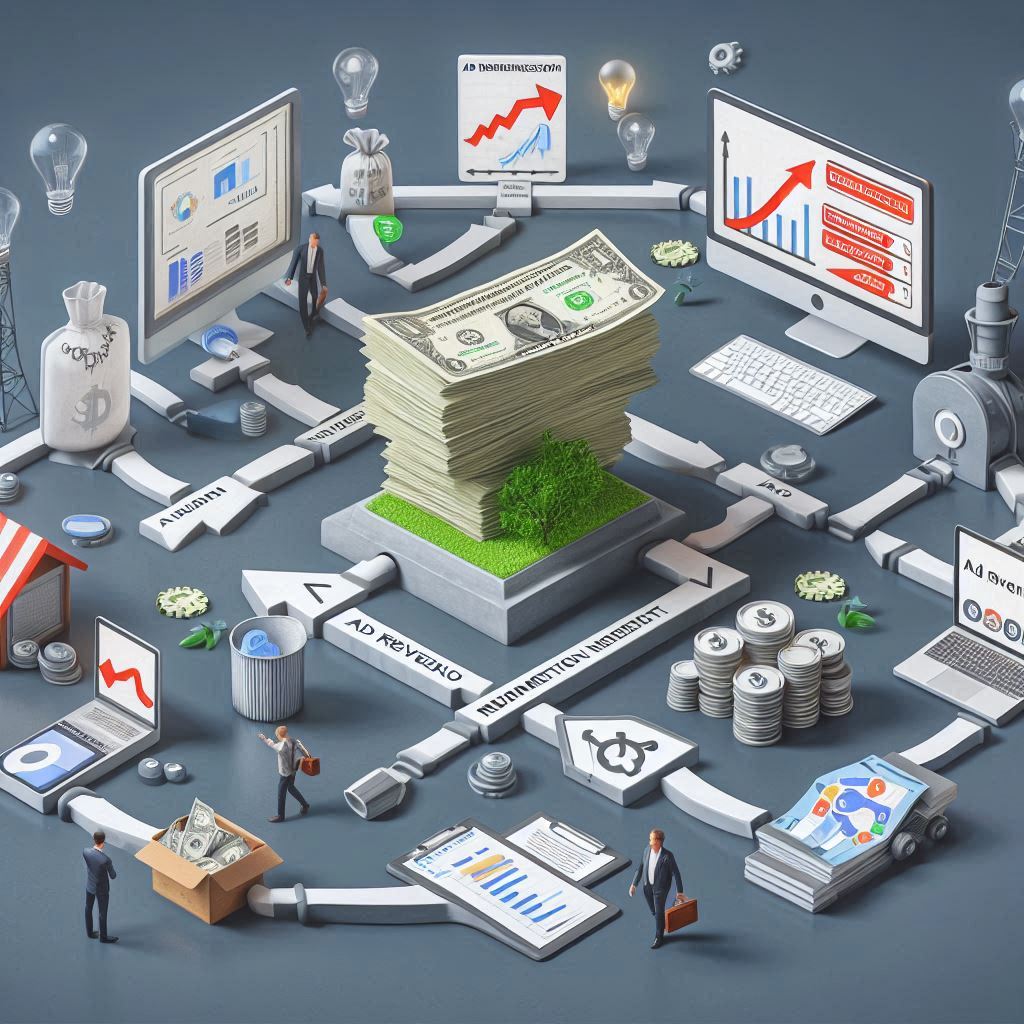 A 3D isometric illustration depicting a complex flowchart representing the process of monetization, showing the flow of money from various sources to a central pile of cash. Tiny figures representing workers are also included throughout the process.