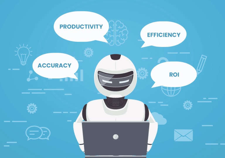 Robot using a laptop with speech bubbles displaying keywords like Productivity, Efficiency, Accuracy, and ROI, symbolizing automation benefits.