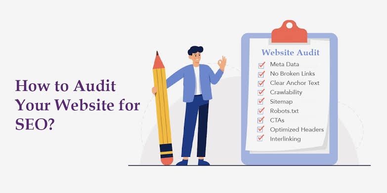 Illustration of a man standing next to a large checklist for a website SEO audit, including items like metadata, broken links, and interlinking.